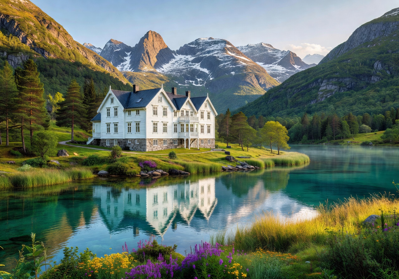 Hotel Union Øye surrounded by Norwegian mountains